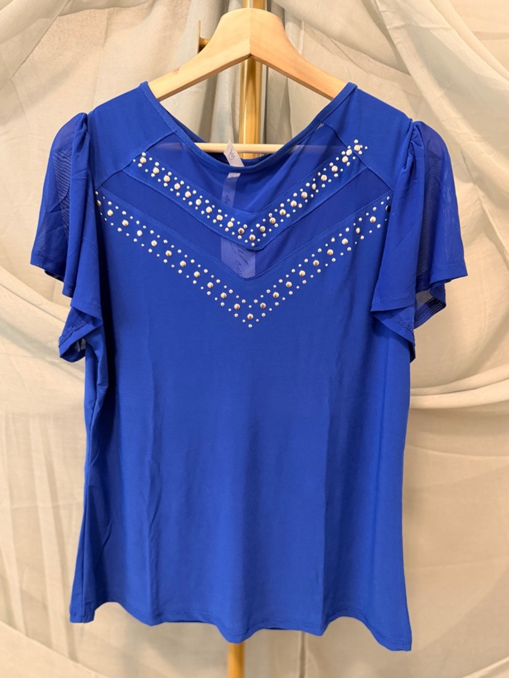 NY Collection Royal Blue Short Sleeve Blouse with Studded V Detail